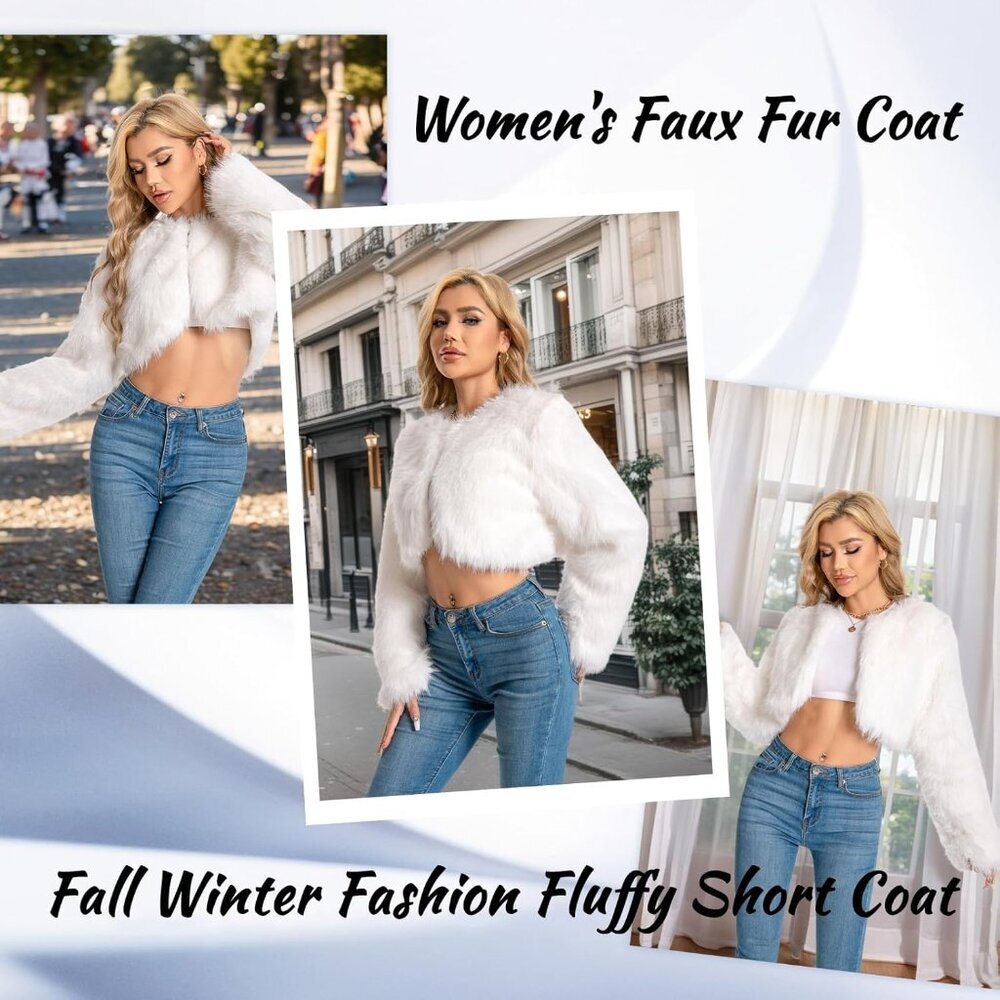〽️Women's White WELLATENT Plus Cropped Faux Fur Fluffy Fuzzy Fall Jacket - Picture 4 of 6